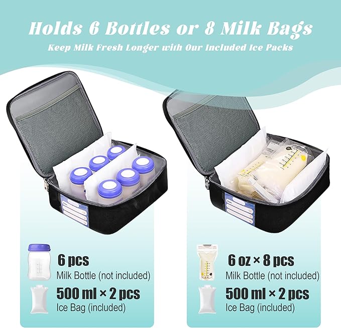 Breast Pump Bag with Insulated Cooler, Double-Layer Pumping Bag for Work & Travel, Fits Most Electric Breast Pumps, Includes 10 Ice Packs & Waterproof Mat, Detachable Bottle Cooler Tote, Black