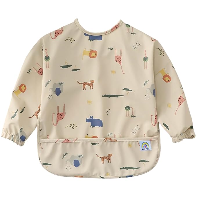 ARI MES Waterproof Long Sleeve Baby Bib for Eating-Animals Pattern, Small-Toddler Smock with Catch-All Pocket, BPA Free, Machine Washable, Wearable Feeding Bib for Boys & Girls 6-72 Months