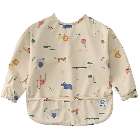 ARI MES Waterproof Long Sleeve Baby Bib for Eating-Animals Pattern, Small-Toddler Smock with Catch-All Pocket, BPA Free, Machine Washable, Wearable Feeding Bib for Boys & Girls 6-72 Months