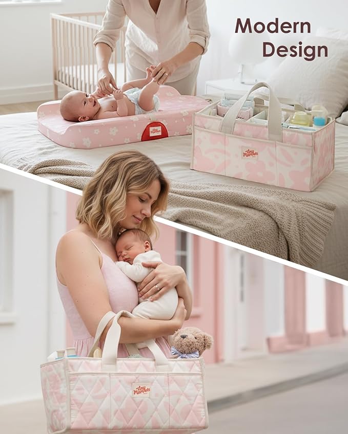 Tiny Marvels Diaper Caddy Organizer for New Parents, Water-Resistant Baby Diaper Caddy, Newborn Essentials Registry Search Must Haves, Structured Diaper Caddy Basket for Nursery, Car & Travel