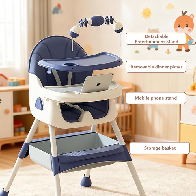 Foldable 4-in-1 Baby High Chair for Babies & Toddlers, High Chair with Detachable PU Cushion, Removable Tray, Adjustable Height, Locking Wheels,Blue
