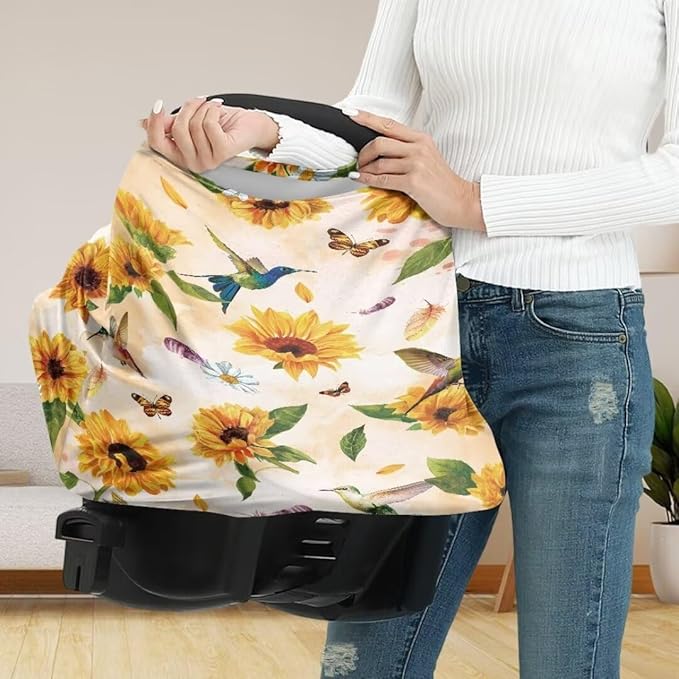 Coldinair Hummingbird Car Seat Cover for Babies Girls Sunflower Nursing Cover,Soft Stretchy Infant Carseat Canopy,Shopping Cart/High Chair/Stroller Covers