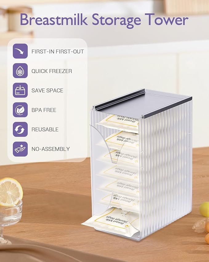 Freeze Organizer and Tower for Breastmilk Storage Bags, First-in First-Out Container Storing System with Quick-Freeze Tray to Freezing Breastmilk, Reusable and Breastfeeding Essentials