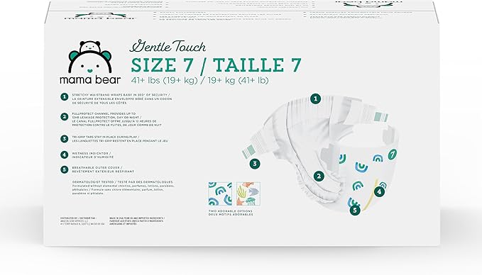 Amazon Brand - Mama Bear Gentle Touch Baby Diapers, Size 7, 80 Count (4 packs of 20), Skin Safe, 12 Hours Protection, Wetness Indicator, Stretchy Waistband