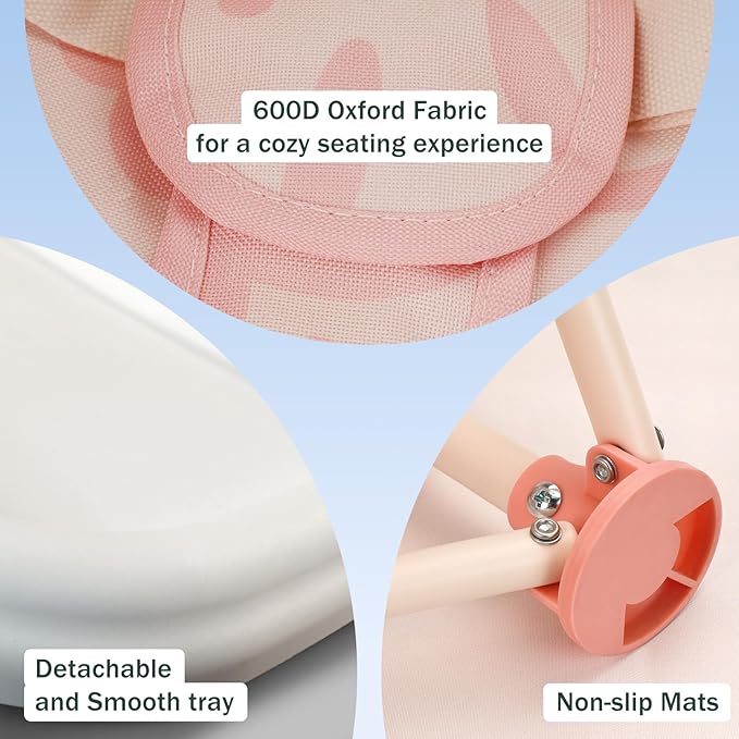 Tiny Marvels 3-in-1 Portable Baby Chair, Foldable Booster Seat with Removable Tray, Safety Harness & Carry Bag for Dining, Travel, Camping, Beach, 6M-3Y (Blush Bloom)