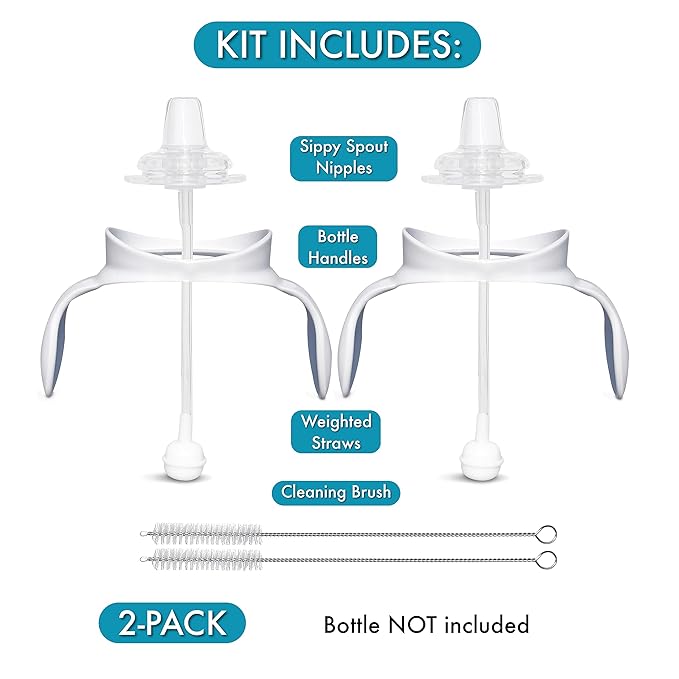 Sippy Cup Conversion Kit for Philips Avent Anti-Colic Baby Bottles 2-Count, Soft Food Grade Silicone Spout Nipples, Weighted Straw, Bottle Handles, Straw Cleaning Brush, BPA-Free 4+ months (Sippy Kit)