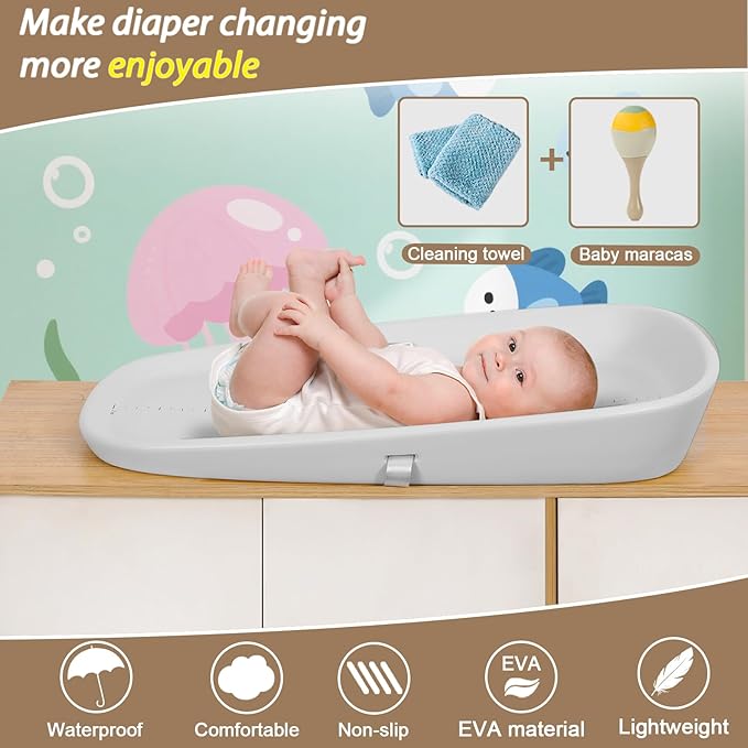 Babylush Wipeable Changing Pad for Dresser,Easy to Clean and Non-slip Waterproof Changing Pad with Adjustable Safety Strap,Comfortable EVA Foam,27x17 Inch（Grey）