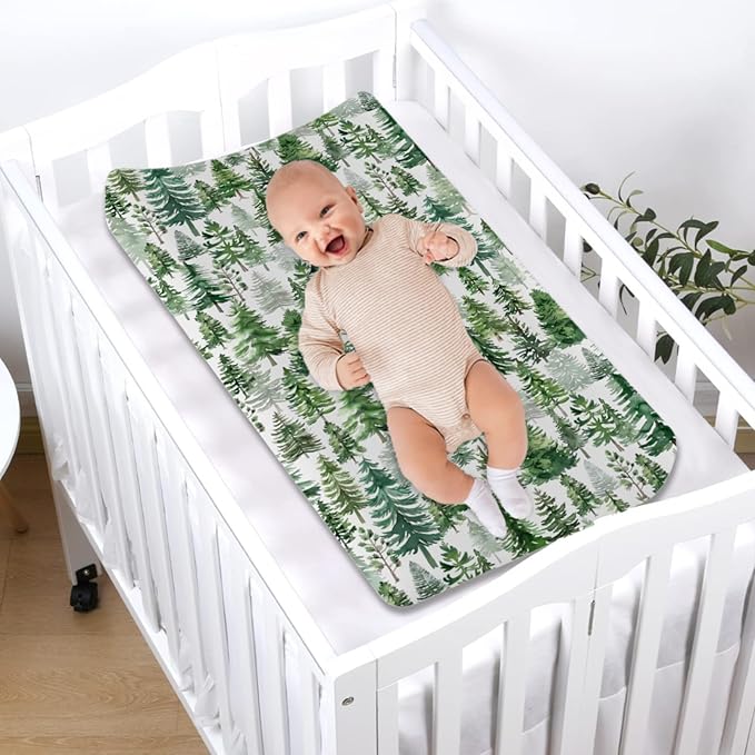 Watercolor Green Baby Changing Pad Cover Pine Trees Diaper Changing Table Sheets for Boy Girl Winter Forest Soft Breathable Stretch Fitted Nursery Change Table Mats 32''x16''