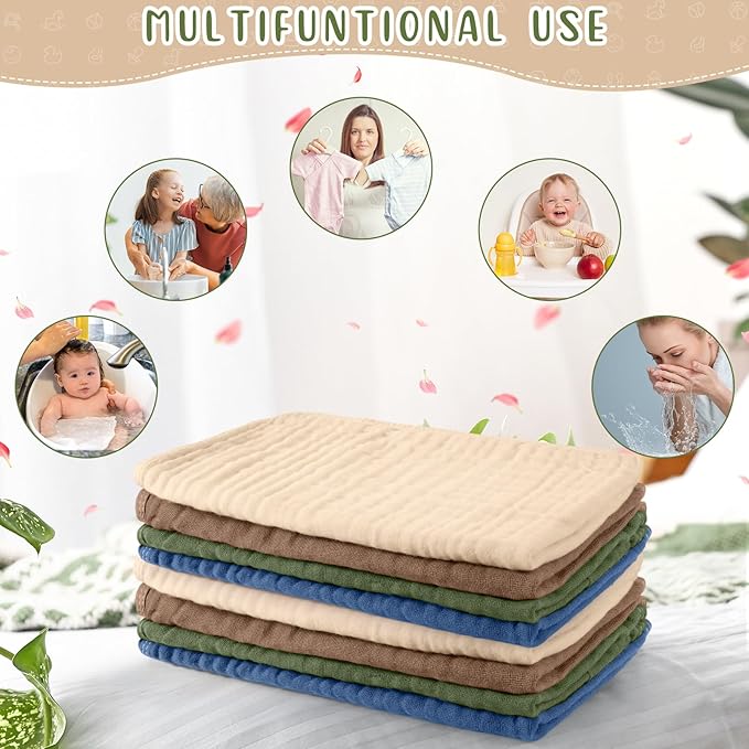 Buryeah Muslin 20 Pcs Burp Cloths Large 20" x 10" 100% Cotton 6 Layers Ultra Absorbent and Soft Hand Washcloths for Baby Drool and Messes Gentle Burp Cloth for Boys & Girls(Vintage Color)