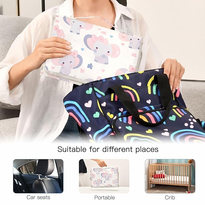 Reusable Diaper Change pad with Tissue Pocket Diaper Changing pad Travel with Built-in Pillow- Pastel Color Elephants