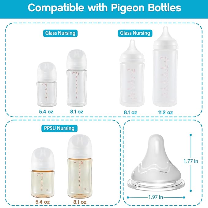 Silicone Nipples for Pigeon Bottles, Anti-Colic Replacement Nipple for Baby 1m+, BPA Free, Slow Flow, Size S, 4 Count