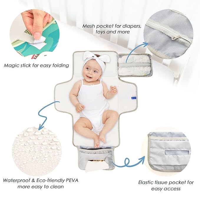 Portable Diaper Changing Pad Travel Baby Changing Mat Waterproof Diaper Changing Mat Foldable Lightweight Baby Changer with Built-in Pillow Colorful Sharks Green