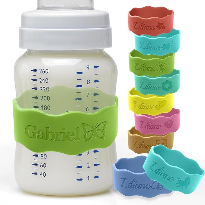 Personalized Baby Bottle Labels for Daycare Custom Silicone Water Bottle Bands Engraved Customized Reusable Name Straps for Kids Girl Boy Baby Shower Gifts Green