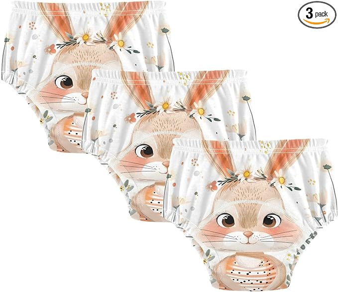 Toddler Training Pants, Hand Drawn Little Bunny Daisy Cotton Potty Training Underwear for Baby Boy Girl 3-Pack