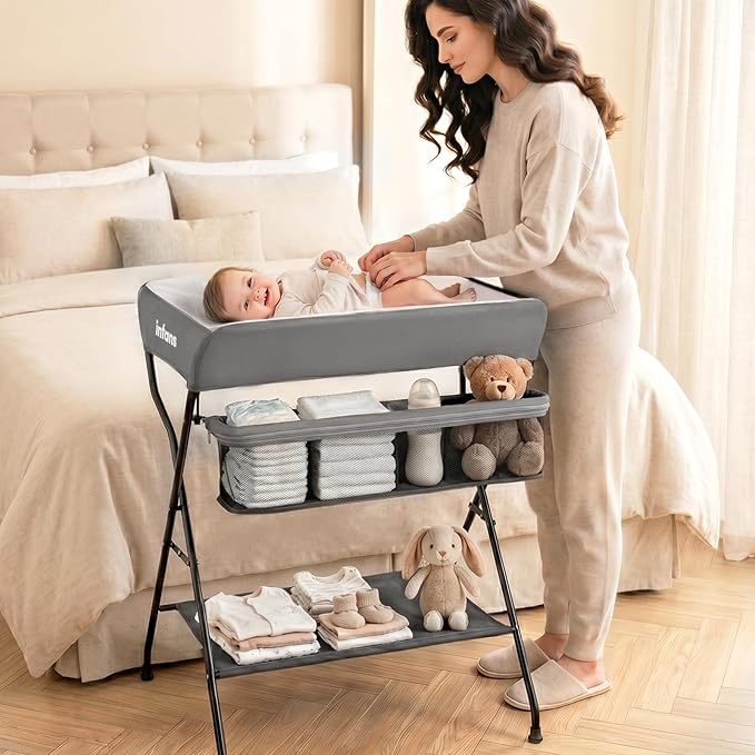 INFANS Baby Changing Table, Folding Diaper Station Portable Nursery Organizer with Safety Belt and Large Storage Racks for Newborn Baby and Infant (Grey)