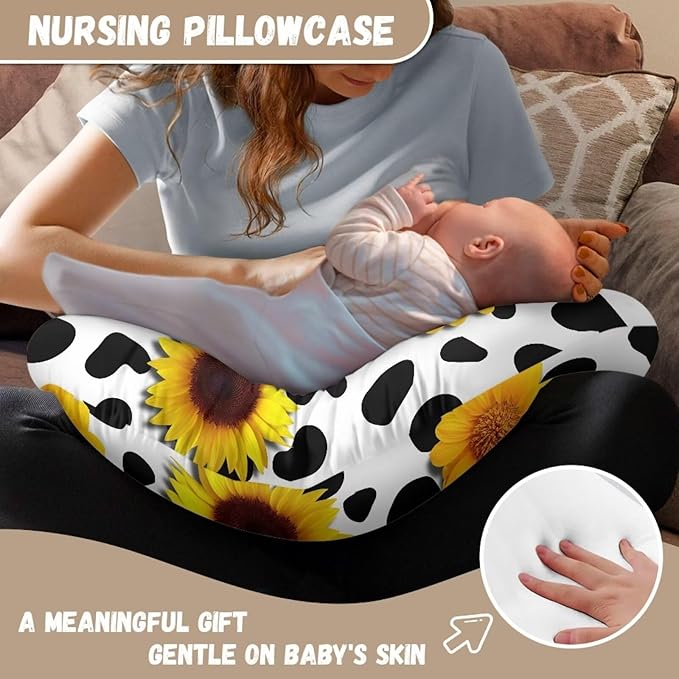 Sunflower Cow Print Nursing Pillow Cover Slipcover Cozy Skin-Friendly Fabric Newborn Nursing Pillow Case with Hidden Zipper Feeding Pillow Cover for Boys Girls Easy to Use