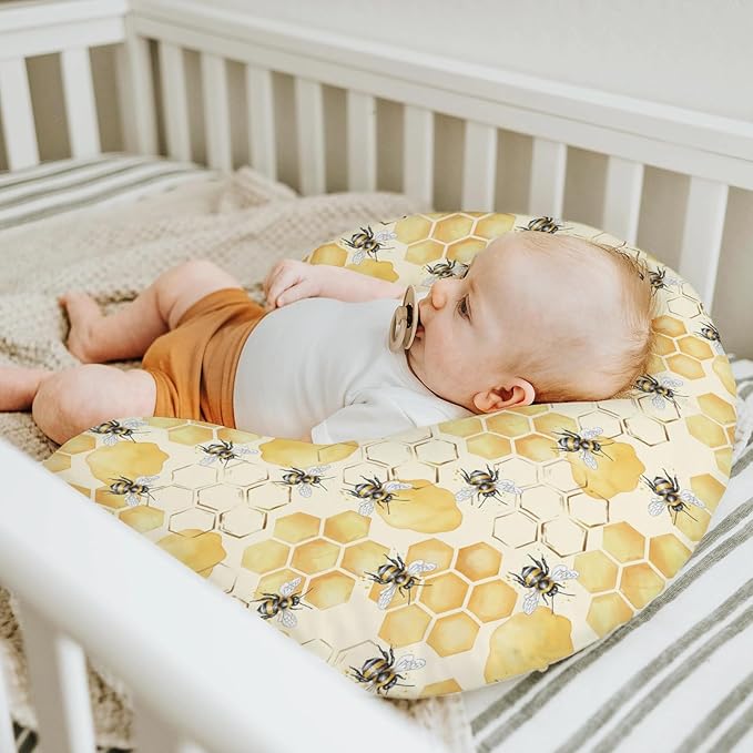Honeycomb Bees Baby Nursing Pillow Covers for Boy Girl Yellow Bee Honey Nursing Pillow Slipcovers for Breastfeeding Pillows Spring Summer Soft Stretchy Removable Covers for Newborn Infant