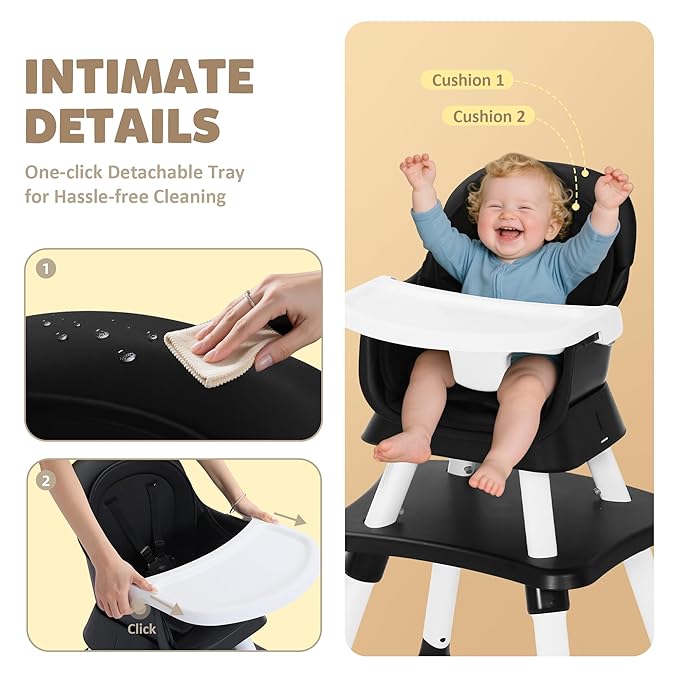TODEFULL Baby High Chair, 8 in 1 Convertible Highchairs for Babies and Toddlers, Children Dining Booster Seat/Kids Building Block Table for Girls Boys, Baby Seat with Removable Tray, Black