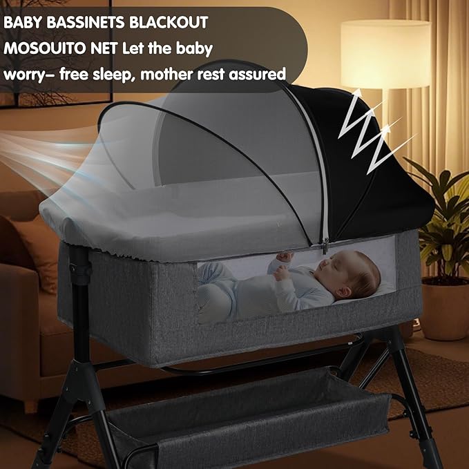 Bassinet Mosquito Net Cover - Half-Blackout Mosquito Net for Baby Crib & Bedside Sleeper, Breathable Crib net with 2-Way Zipper, Sun-Blocking Baby Mosquito Net Cover (Black-Small)