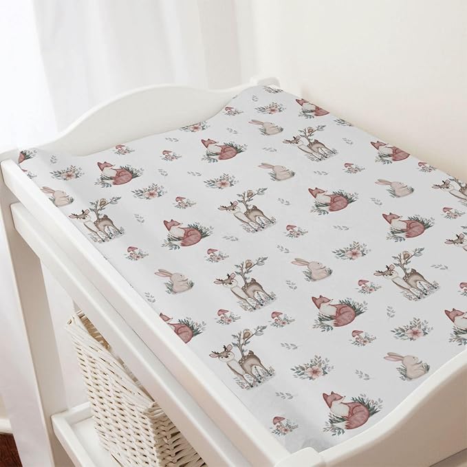 Baby Animals Changing Pad Covers Cute Deer Rabbit Leaves Mushroom Baby Nursery Diaper Change Table Sheets for Boys Girls Boho Animals Soft Breathable Stretchy Changing Mat Sheets Cover 32''x16''
