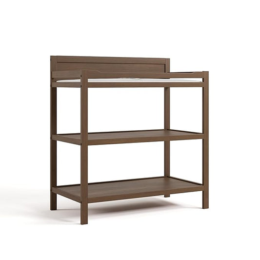 Storkcraft Alpine Changing Table (Hazelnut) - Includes Water Resistant Changing Pad with Safety Strap, 2 Open Shelves for Storage