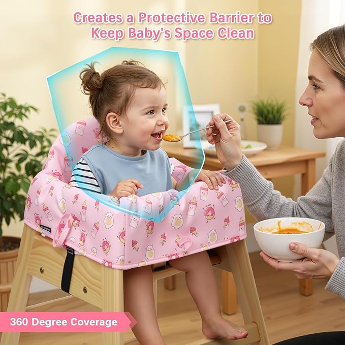 High Chair Cover for Baby Restaurant with 3-Point Harness,Portable High Chair Covers for Travel,Dining Out,Waterproof and Machine Washable,Inner Padded,Fits Wooden High Chairs,Pink