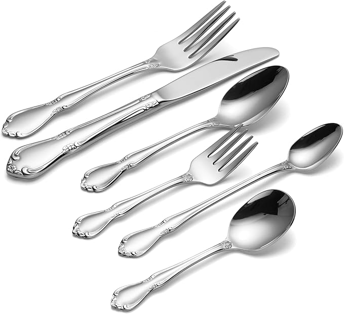 Oneida Silverware Set, Chateau 6-Piece Child Progress Flatware Set, Service For 1, 18/10 Stainless Steel Dishwasher Safe, Baby Spoons, Baby Fork, Child Spoon Fork Knife, Kid Utensils (Silver 6 Piece)