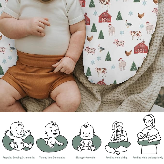 Christmas Farm Animals Life Baby Nursing Pillow Covers for Boy Girl Barn Pig Cow Lamb Hen Duck Trees Nursery Pillowcase for Breastfeeding Pillows Winter Country Farmyard Soft Stretchy Slipcovers