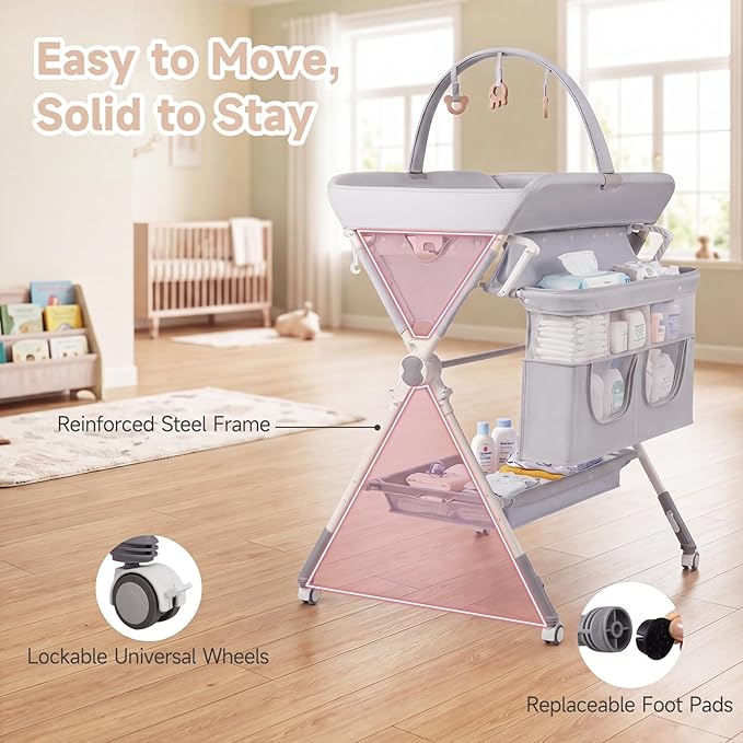 INFANS Portable Baby Changing Table with Wheels, Foldable Diaper Changing Station with Adjustable Heights, Large Organizer Storage for Newborn Infant (Light Gray)