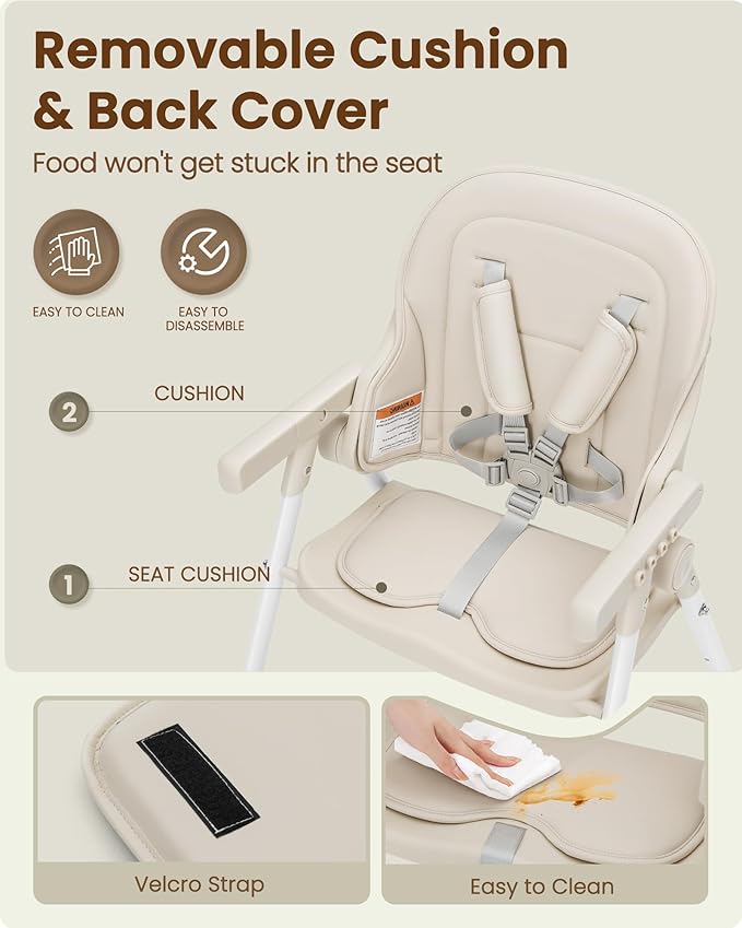 Foldable High Chair for Infants & Toddlers, Adjustable 3-Position Dishwasher-Safe Tray, 5-Point Safety Harness, Space-Saving Design for Dining & Mealtime, Beige