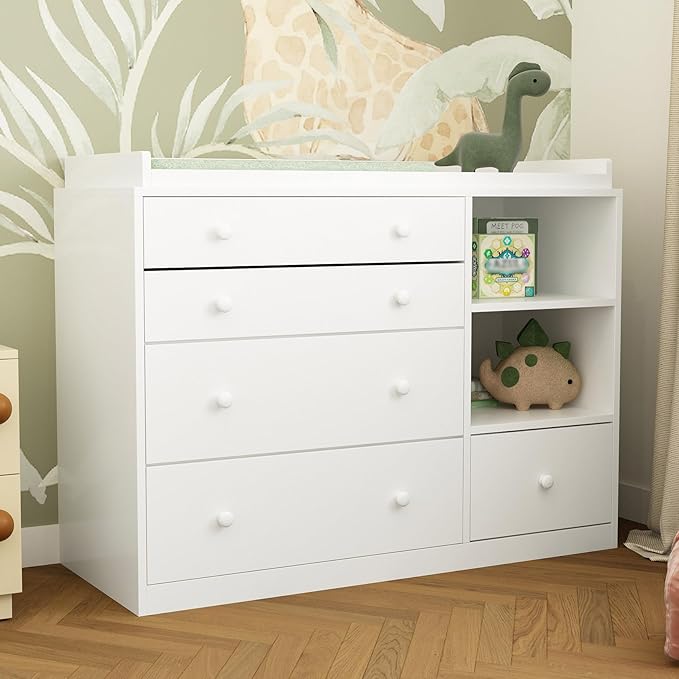 Timechee Changing Table Dresser, Baby Classic Nursery Dresser with 5 Drawers and 2 Shelves, Multi-Functional Baby Changing Table, Diaper Changing Station for Children's Room, White