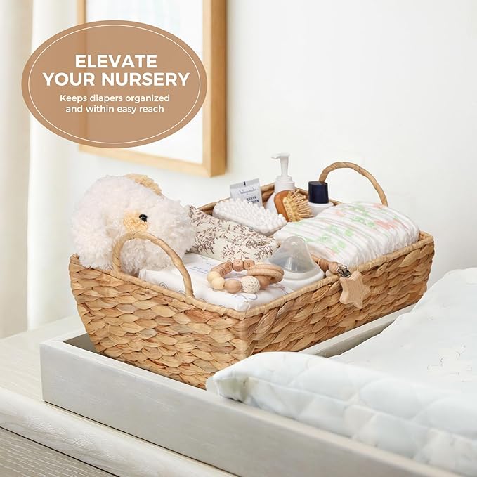 Baby Diaper Caddy Organizer, Handwoven Nursery Basket Changing Table Organizer Natural Water Hyacinth Storage Basket for Nursery Bathroom Kitchen Shelves Office Supplies Organization