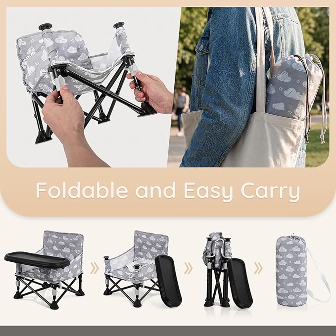Toddler Booster Seat for Kitchen Chair & Travel - Portable Foldable with Removable Tray, Baby Camping Chair 6-36 Months Indoor Outdoor (White Cloud Design)