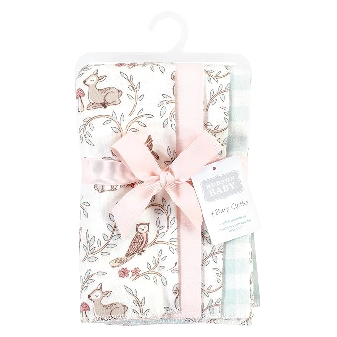 Hudson Baby Unisex Baby Cotton Flannel Burp Cloths 4-Pack, Girl Woodland Pals, One Size