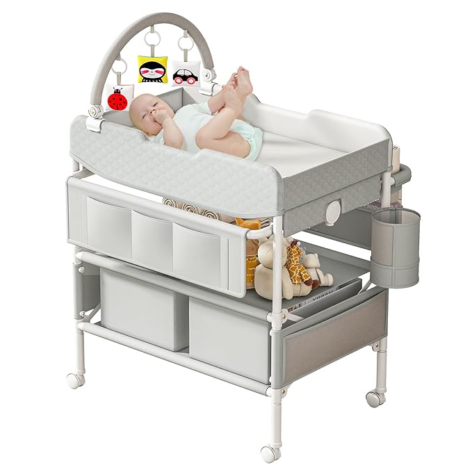 Baby Changing Table with Drawers, Waterproof Versatile Folding Diaper Changing Station with Storage, Adjustable Height, Portable Diaper Chang ing Station, Mobile Nursery for Infant and Newborn