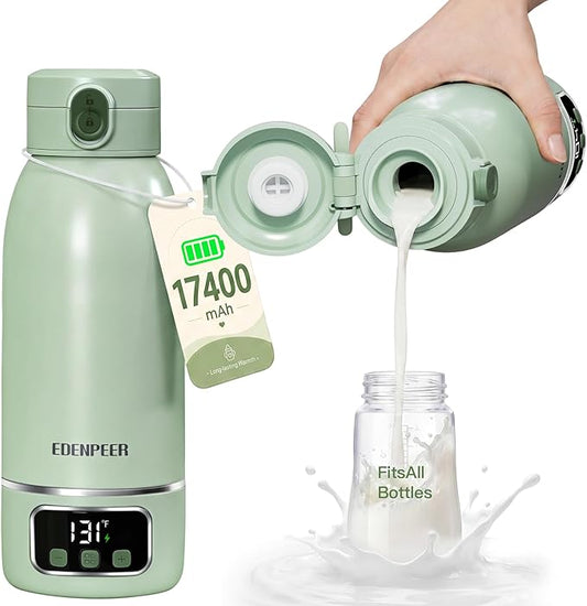 Portable Bottle Warmer on The Go, 17.6 OZ 120 W Fastest Heating, for Breast Milk & Water, 17400 mAh Battery, Precise Temperature Control, 48H Keep Warm, Rechargeable Baby Milk Warmer for Car & Outdoor