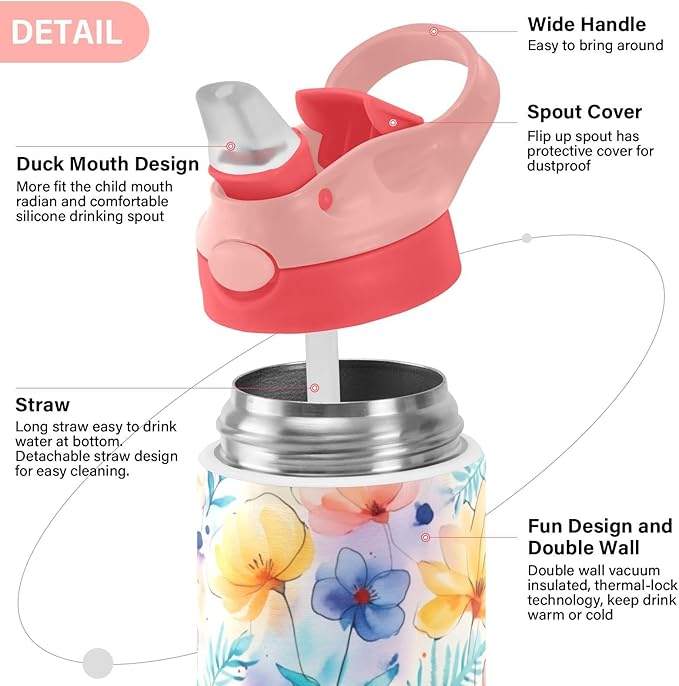 Cute Flowers Girls Water Bottle with Straw and Carry Handle Rainbow Pink Green Purple Vacuum Insulated Stainless Steel Bottles Leak-Proof for Boys Kids Toddler 12 oz Pink Lid