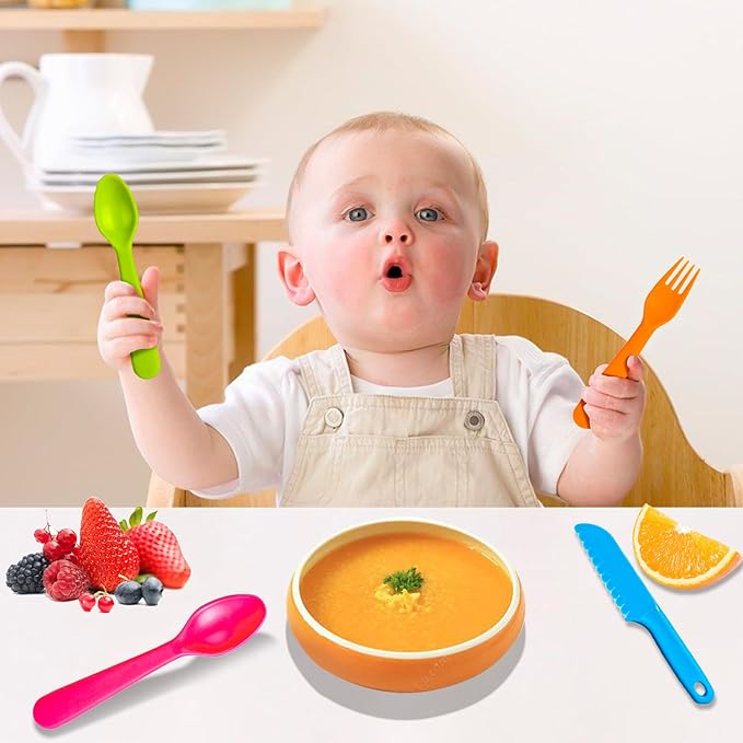 Jawbush 20 Pcs Kids Plastic Utensils Kids Forks and Spoons Set, Reusdable Toddler Silverware Cutlery Set with Bright Colors Ideal for School Lunch Box or Travel, Size also for Adults, BPA Free