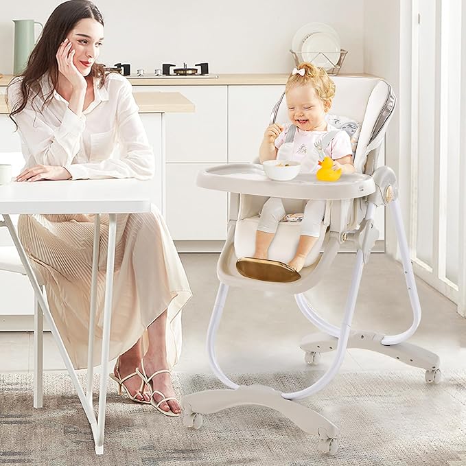 HONEY JOY Baby High Chair, Foldable High Chairs for Babies and Toddlers, Adjustable Heights, Recline Backrest & Footrest, Double-Layer Tray & Cushion, Portable Infant Highchair with Wheels (Gray)