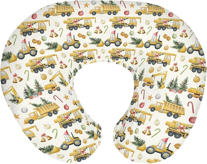 Christmas Trucks Construction Baby Nursing Pillow Covers for Boy Girl Dump Trucks Excavators Trees Nursery Pillowcase for Breastfeeding Pillows Winter Holiday Soft Stretchy Slipcovers for Newborn