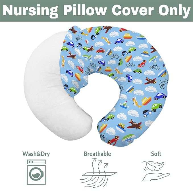 Planes Automobiles Transport Baby Nursing Pillow Covers for Boy Girl Airplanes Boats Bike Car Clouds Blue Nursing Slipcovers for Breastfeeding Pillows Travel Soft Stretchy Cover for Newborn Infant