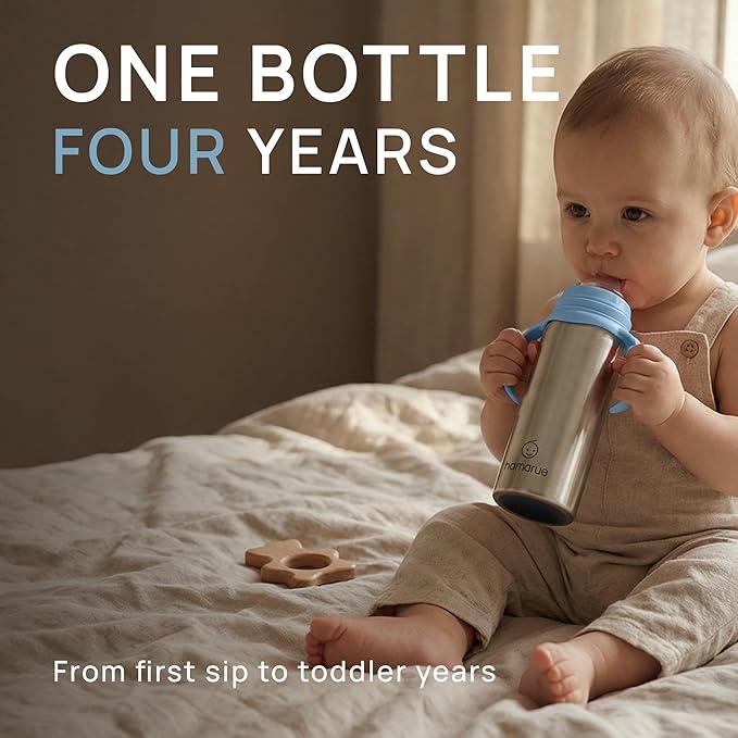 3-in-1 Stainless Steel Baby Bottle – Newborn to Toddler Sippy and Straw Cup, Leak-Proof Insulated, Ages 0–4, 8 oz Blue