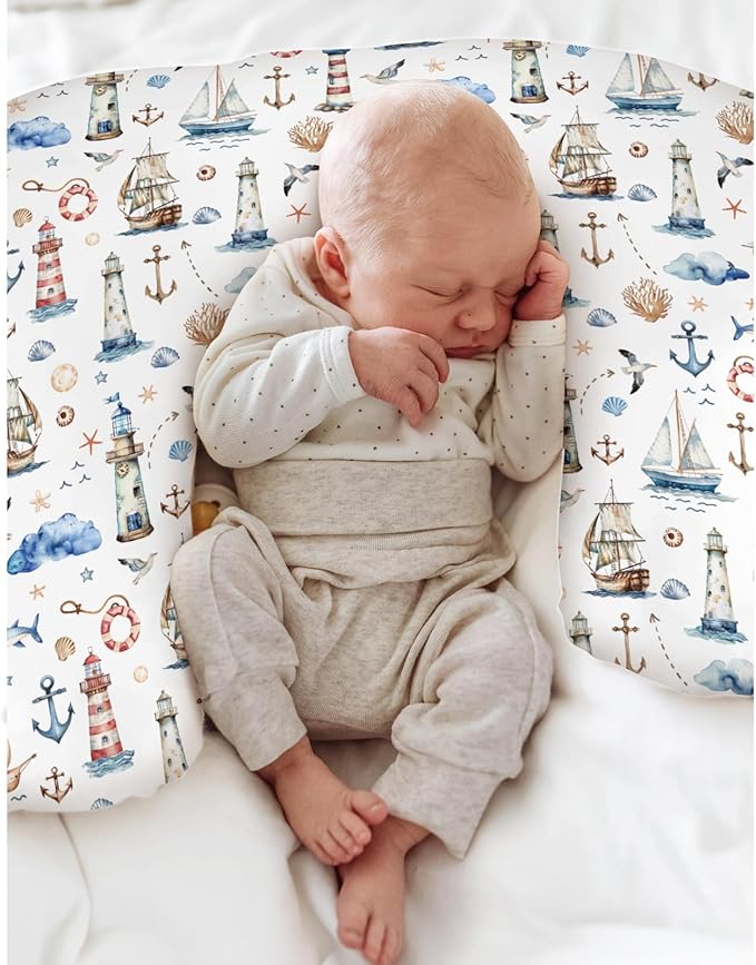 Sailing Adventure Baby Nursing Pillow Covers for Boy Girl Sea Lighthouse Ship Anchors Whale Shells Nursing Pillowcase for Breastfeeding Pillows Boho Beach Summer Soft Stretchy Slipcovers for Newborn