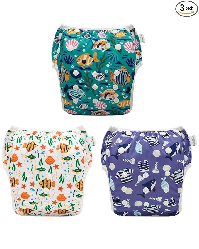 Babygoal Reusable Swim Diapers 3 Pack for 0-8 Months Newborn and Baby Swimming Lessons-Fish & Shark