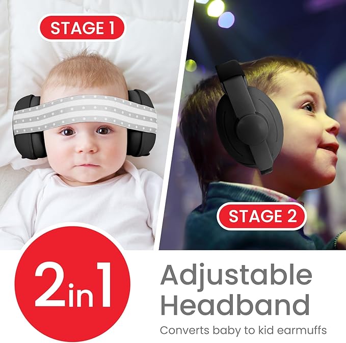2-in-1 Adjustable Baby & Toddler Noise Cancelling Headphones - Ear Muffs for Kids 1-3 for Airplane Travel