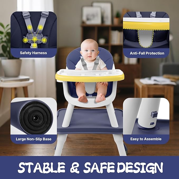 5 in 1 Baby High Chair, Toddler Chair with Removable Tray, Convertible High Chairs for Babies and Toddlers, Kids Learning Table, Building Block Table, Dining Booster Seat with Safety Harness, Blue