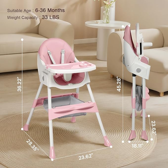 Ktaxon Baby High Chair, 6-in-1 Portable Feeding Rocking Seat with Adjustable Backrest, Removable Tray and 5-Point Safety Harness, Travel Folding Highchair for Toddlers & Babies, Pink