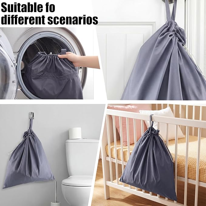 Tegeme 2 Pack Reusable Cloth Diaper Pail Liner Bags, Hangable Pail Liner with Strap, Reusable Laundry Bag Waterproof Pouch for Cloth Diaper, Laundry and Garbage, Grey & White