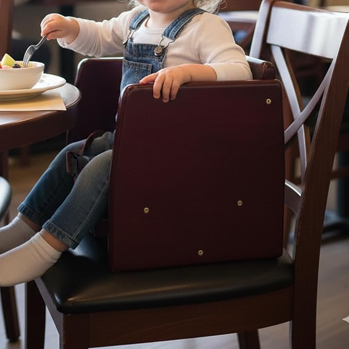 TrueCraftware – 17" Children Booster Seat, Mahogany Wood Finished Rubber Wood with Harness Straps Seat Back Support Maximum Knock-Down Package, Stackable Booster Seat for Dining Table