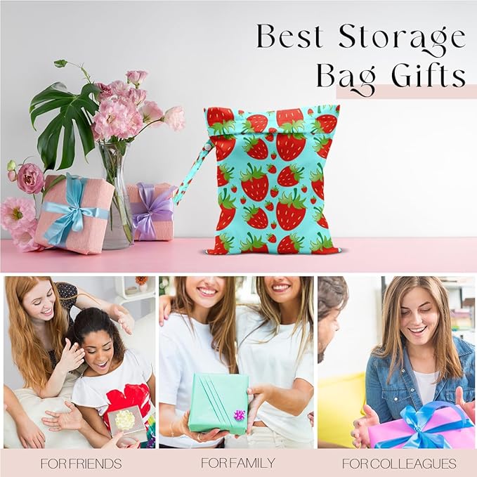 Wet Bag, Wet Dry Bag, Waterproof Swim Bags, Machine Washable Reusable Bags for Beach, Pool, Diapers, and Dirty Yoga Gym Clothes(Blue & Red Strawberry Print